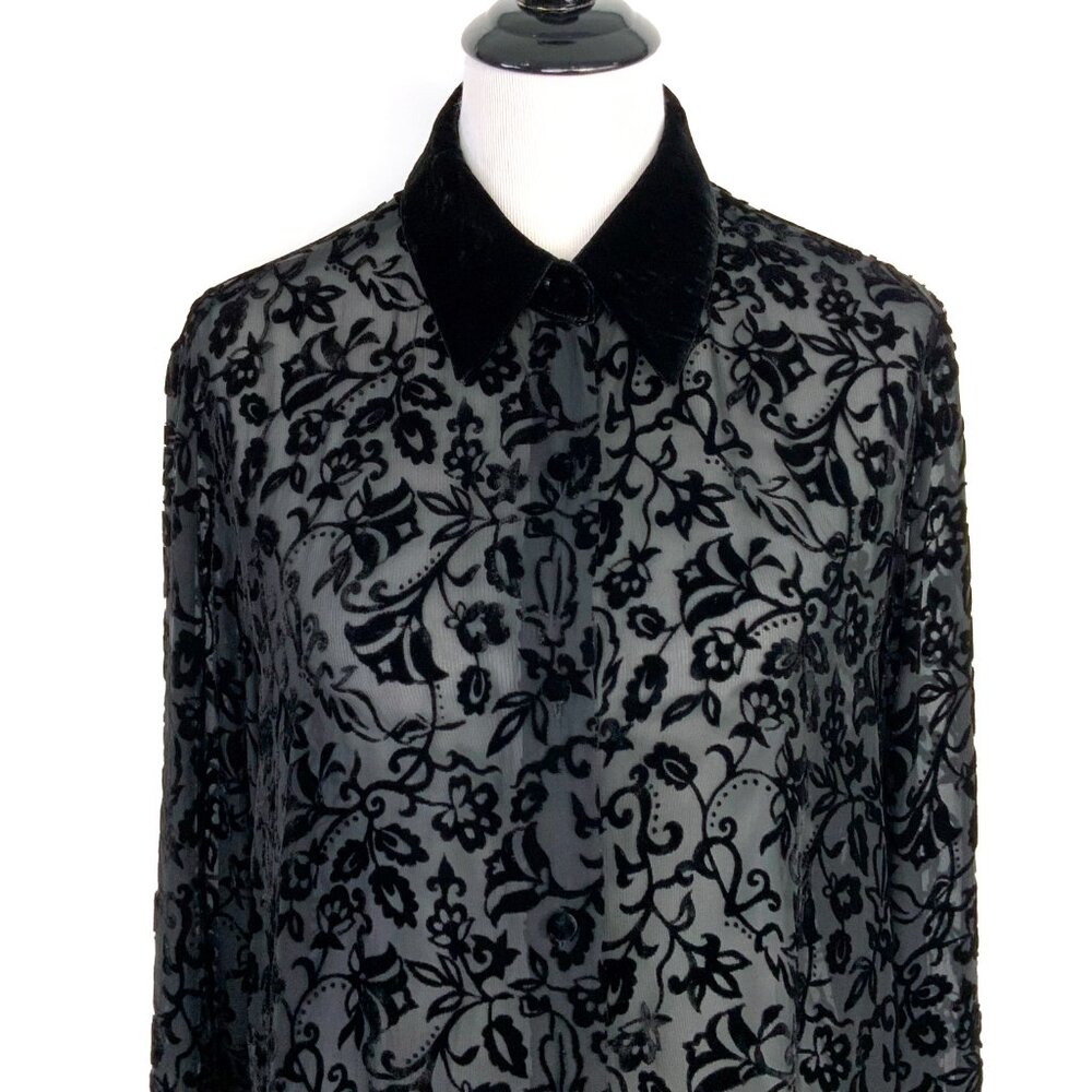 Vintage Y2K Black Sheere Burnout Velvet Blouse from Deane & White Sz M